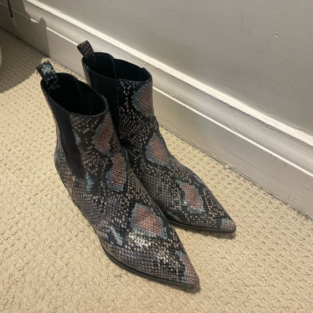 PAIGE Snakeskin Pointed-Toe Ankle Booties in Black, Brown & Blue